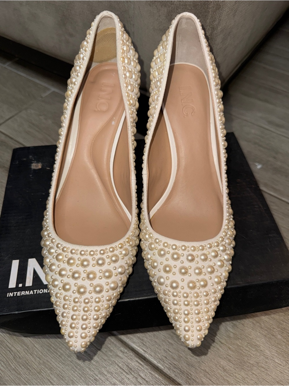 INC International Concepts Pearl-Embellished Cream Pointed Heelts